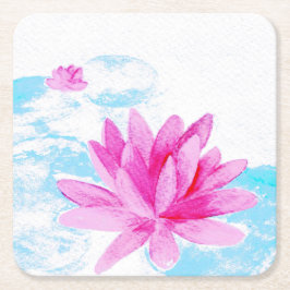 ピンクの蓮の花の水彩画 スクエアペーパーコースター