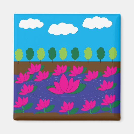 ピンクの蓮の花の水辺の庭園 マグネット (正面)