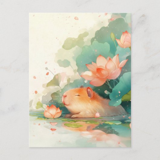 ピンクの蓮の花の池で昼寝するカピバラ ポストカード (正面)