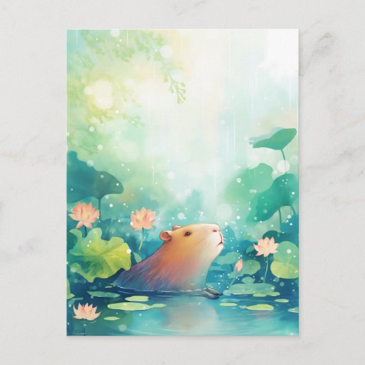 ピンクの蓮の花の池に佇むカピバラの平和な姿 ポストカード (正面)