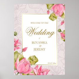 ピンクの蓮の花の縁ど黄金の歓迎サイン ポスター