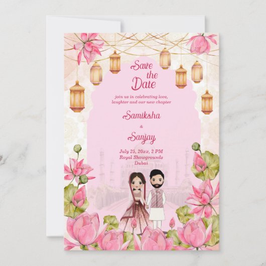 ピンクの蓮の花ガランズランタン結婚インディアン 招待状 (正面)