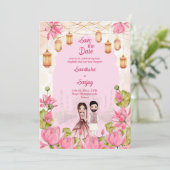 ピンクの蓮の花ガランズランタン結婚インディアン 招待状 (スタンド正面)