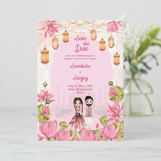 ピンクの蓮の花ガランズランタン結婚インディアン 招待状 (スタンド正面)