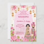 ピンクの蓮の花ガランズランタン結婚インディアン 招待状 (正面)