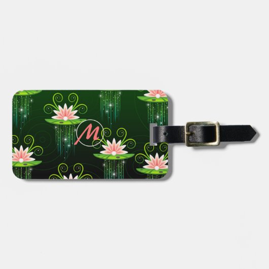 ピンクの蓮の花グリーン背景パーソナライズ luggage ラゲッジタグ (正面横)