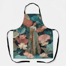ピンクの蓮の花園に佇むエレガントな韓服の女性
