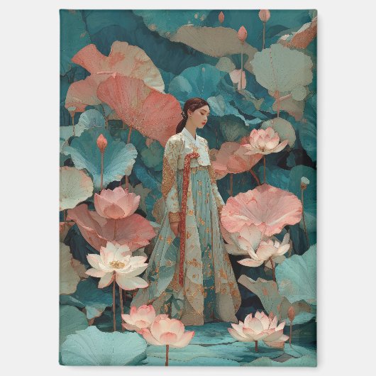 ピンクの蓮の花園に佇むエレガントな韓服の女性 マグネット (正面)