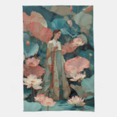 ピンクの蓮の花園に佇む優雅な韓服の女性 キッチンタオル (縦)