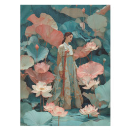 ピンクの蓮の花園に佇む優雅な韓服の女性 テーブルクロス