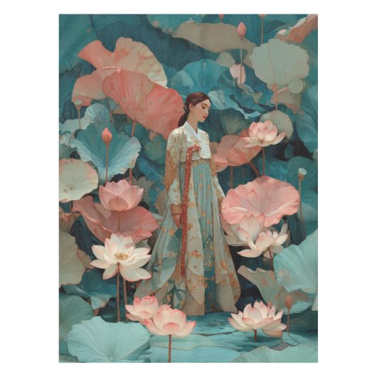 ピンクの蓮の花園に佇む優雅な韓服の女性 テーブルクロス (正面)