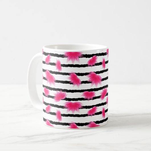 ピンクの蓮の花模様(黒ストライプ色) コーヒーマグカップ (正面左)