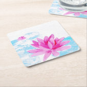 ピンクの蓮の花 水彩画 スクエアペーパーコースター (アングル)