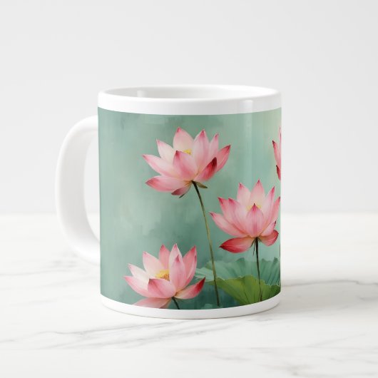 ピンクの蓮の芸術作品 ジャンボコーヒーマグカップ (正面左)