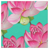 ピンクの蓮花(ターコイズ水彩) ファブリック (クローズアップ)