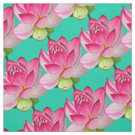 ピンクの蓮花(ターコイズ水彩) ファブリック
