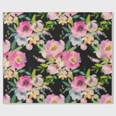 ピンクの薄紫のモモの黒の水彩画の花柄の花 ラッピングペーパー (フラット)