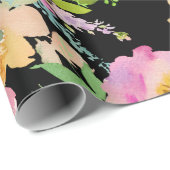 ピンクの薄紫のモモの黒の水彩画の花柄の花 ラッピングペーパー (ロールコーナー)