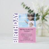 ピンクの薄紫パネル第3期の誕生日はがき インビテーションポストカード (スタンド正面)