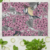 ピンクの薄紫園の鳥 キッチンタオル (折り畳み)