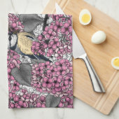ピンクの薄紫園の鳥 キッチンタオル (四つ折り)