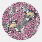 ピンクの薄紫園の鳥 ラウンドシール (正面)