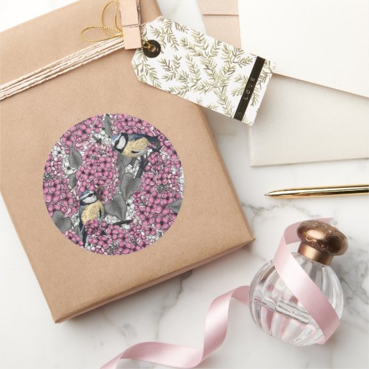 ピンクの薄紫園の鳥 ラウンドシール (ギフト)