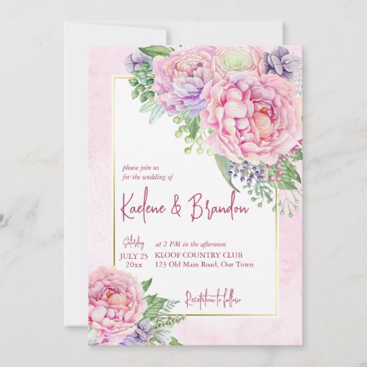 ピンクの薄紫牡丹フローラエレガントな結婚式 招待状 (正面)
