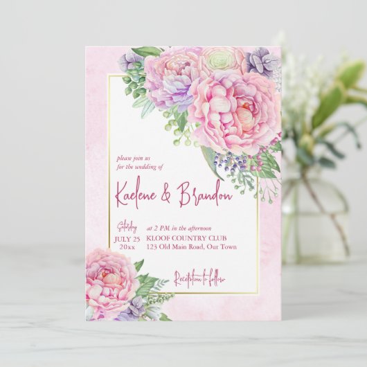ピンクの薄紫牡丹フローラエレガントな結婚式 招待状 (スタンド正面)