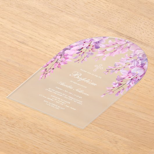 ピンクの藤の洗礼 アクリル招待状 (レイダウン)