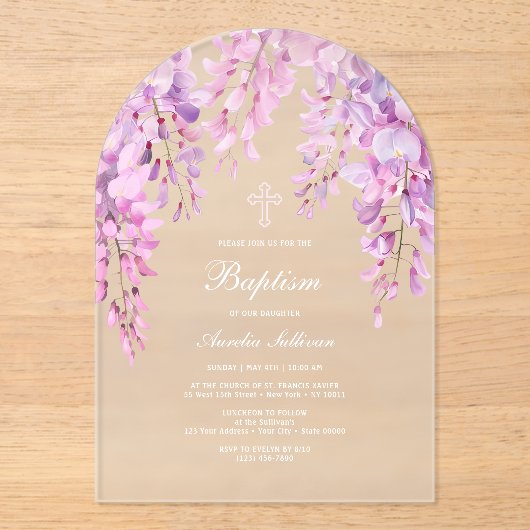 ピンクの藤の洗礼 アクリル招待状 (正面)