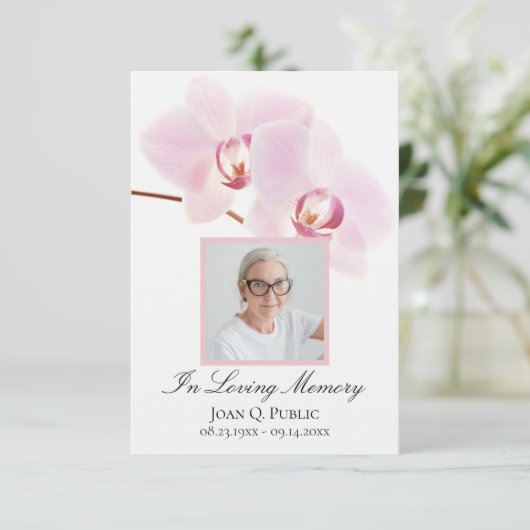 ピンクの蘭が白い葬儀記念悔やみや弔慰 サンキューカード (スタンド正面)