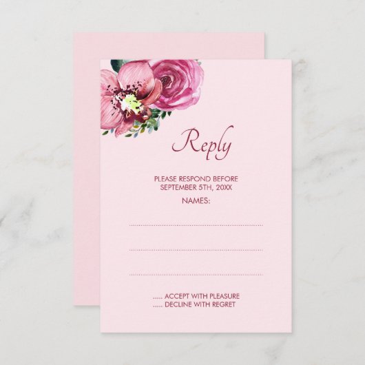 ピンクの蘭とバラ結婚の返信カード 出欠カード (正面/裏面)