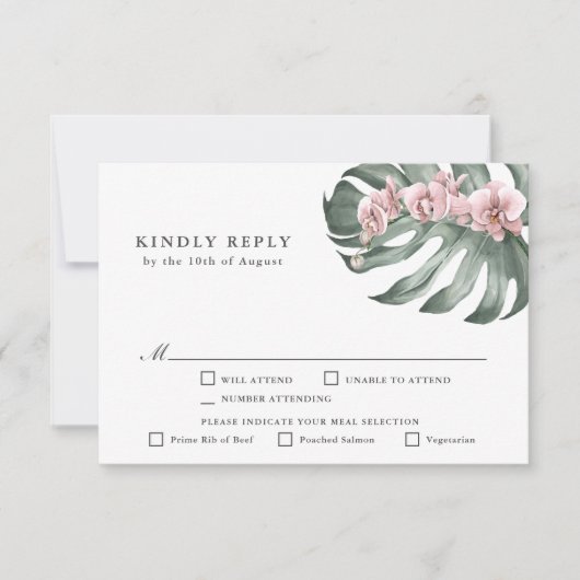 ピンクの蘭のトロピカルウェディングRSVP with Entrees 出欠カード (正面)