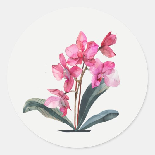 ピンクの蘭の庭の花のフラワーアート ラウンドシール (正面)