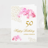 ピンクの蘭の水彩画 ゴールドグリッター 50歳の誕生日 カード (正面)
