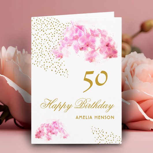 ピンクの蘭の水彩画 ゴールドグリッター 50歳の誕生日 カード