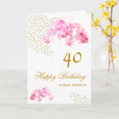 ピンクの蘭の水彩金スパングル40歳の誕生日 カード (黄色い花)