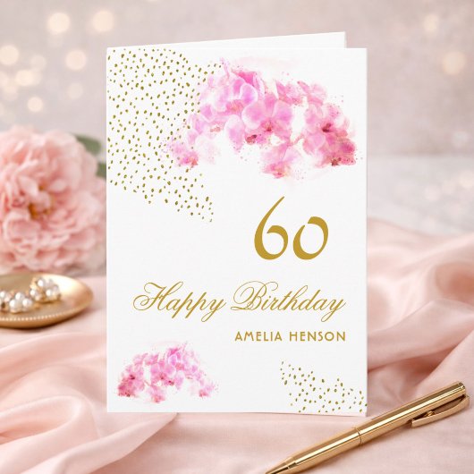 ピンクの蘭の水彩 ゴールドグリッター 60歳の誕生日 カード