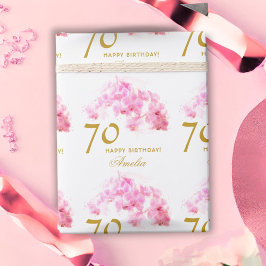 ピンクの蘭の水彩 ゴールドグリッター 70歳の誕生日 ラッピングペーパー