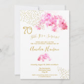 ピンクの蘭の水彩 ゴールドグリッター 70歳の誕生日 招待状 (正面)