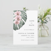 ピンクの蘭の熱帯パラダイス日付を保存 招待状 (スタンド正面)