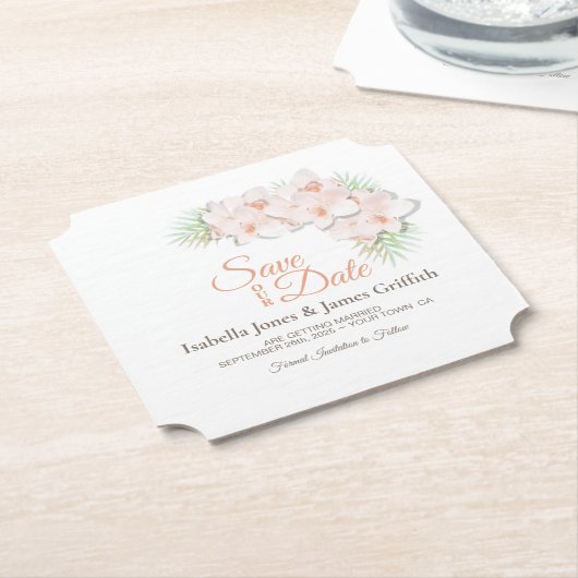 ピンクの蘭の結婚式の日付を保存 ペーパーコースター (アングル)