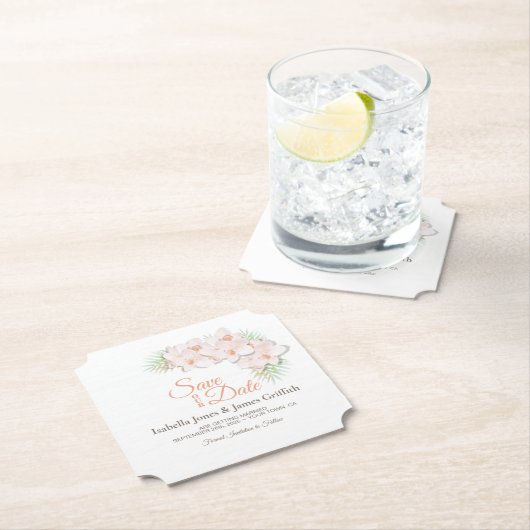 ピンクの蘭の結婚式の日付を保存 ペーパーコースター (インサイチュ)