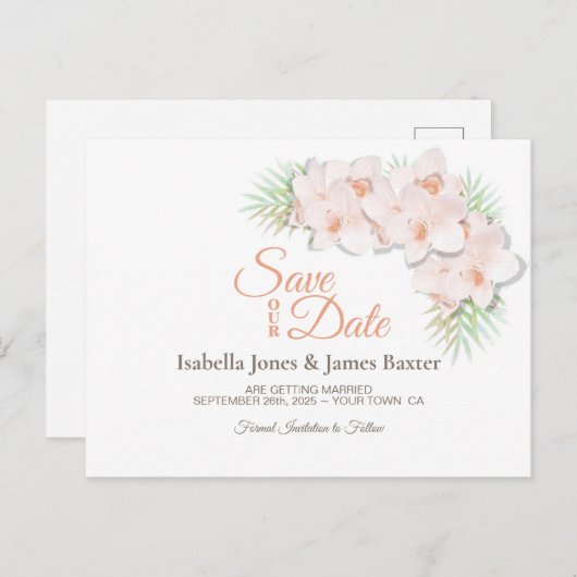 ピンクの蘭の結婚式の日付を保存 案内ポストカード (正面/裏面)