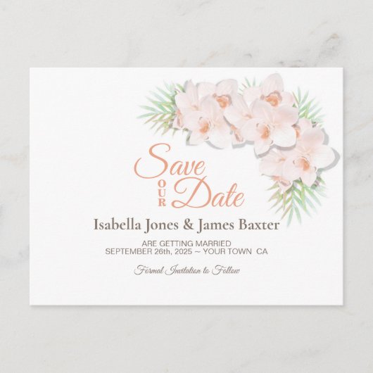 ピンクの蘭の結婚式の日付を保存 案内ポストカード (正面)