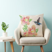ピンクの蘭の花とハミングバードのアイボリー クッション (椅子)