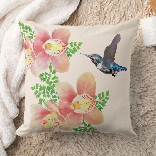 ピンクの蘭の花とハミングバードのアイボリー クッション (ブランケット)