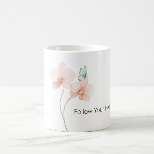 ピンクの蘭の花とミントグリーンの蝶 コーヒーマグカップ (中央)