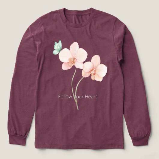 ピンクの蘭の花とミントグリーンの蝶 トライブレンドTシャツ (デザイン正面)